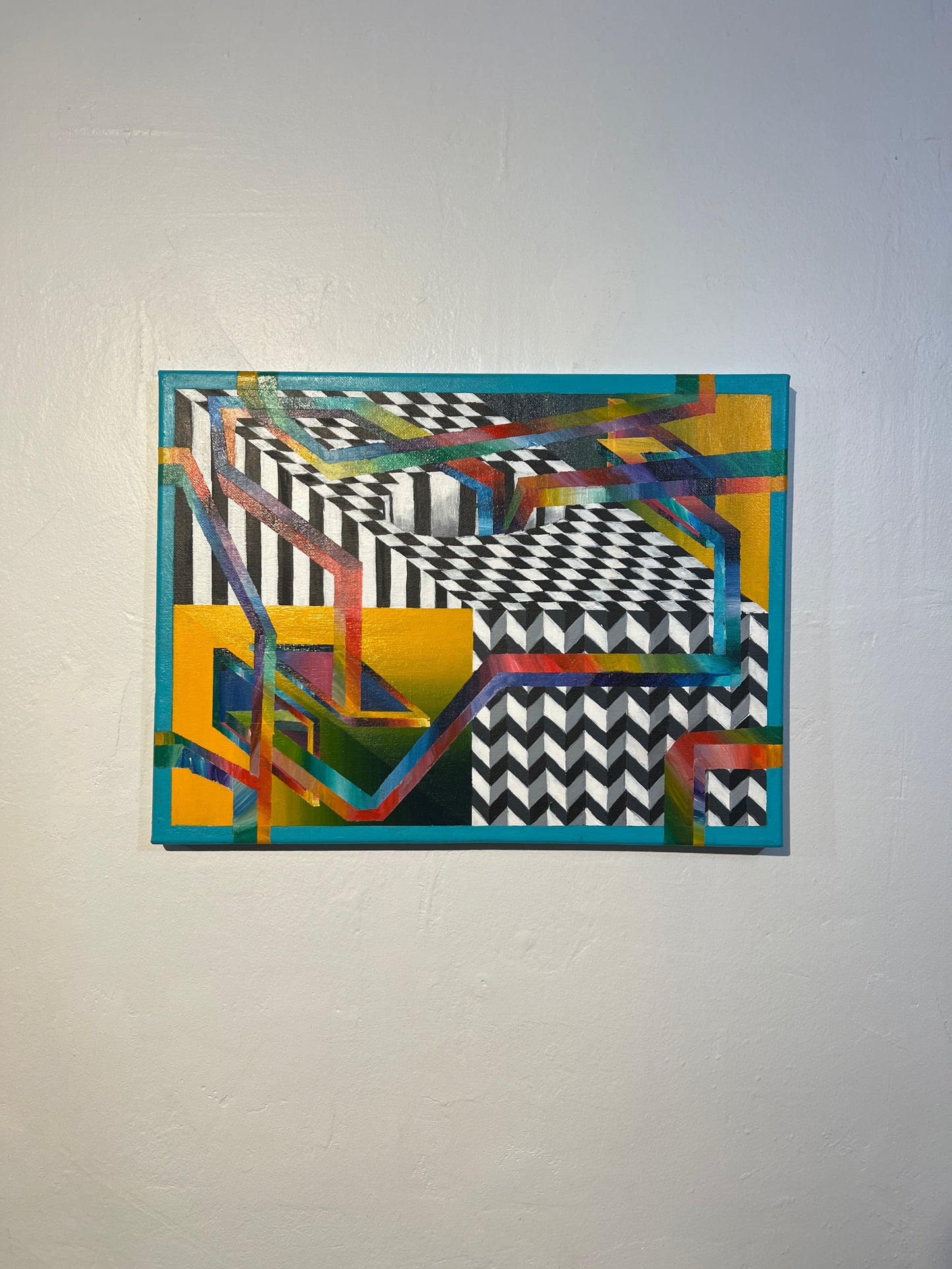 Upcycled Abstract Geometric shirt & canvas triptych set.