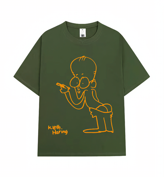Crew Neck T-Shirt - Kieth Haring - Green / Orange