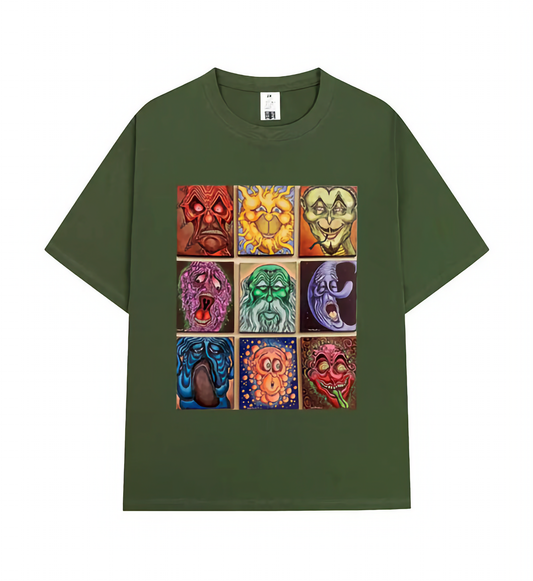 Crew Neck Tee - Colorful Portrait - Green / Orange