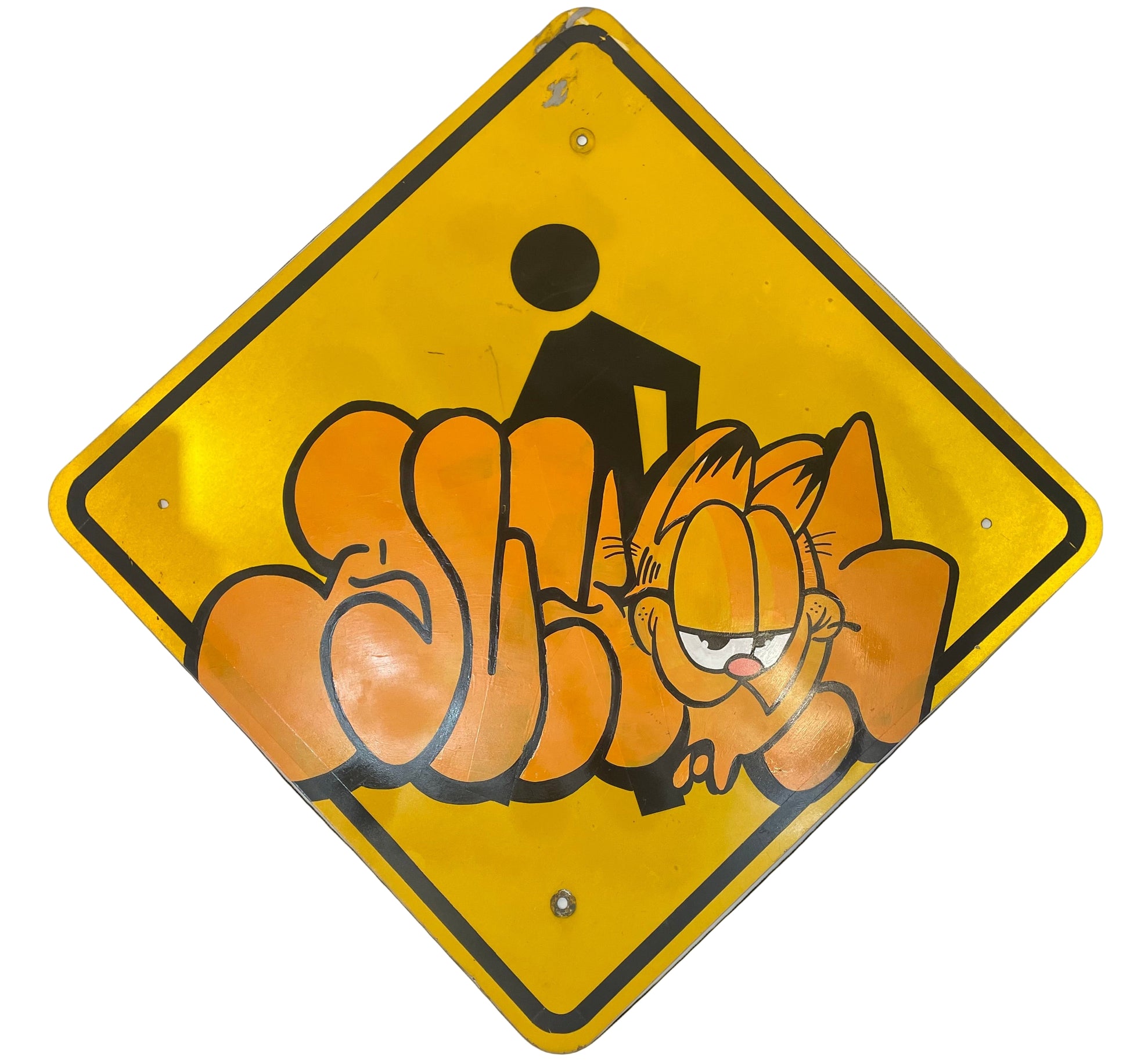 Yellow warning sign with cartoon character on a white background