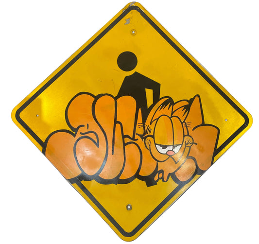Yellow warning sign with cartoon character on a white background