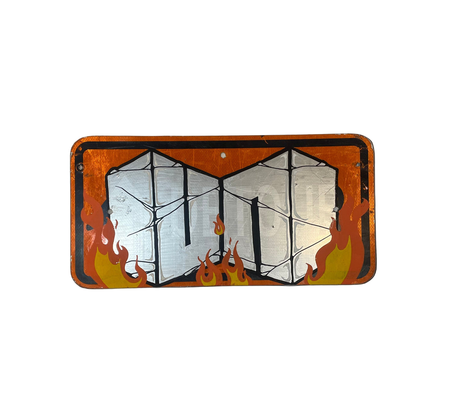 Decorative sign with 'RIP' text and flames on a plain background