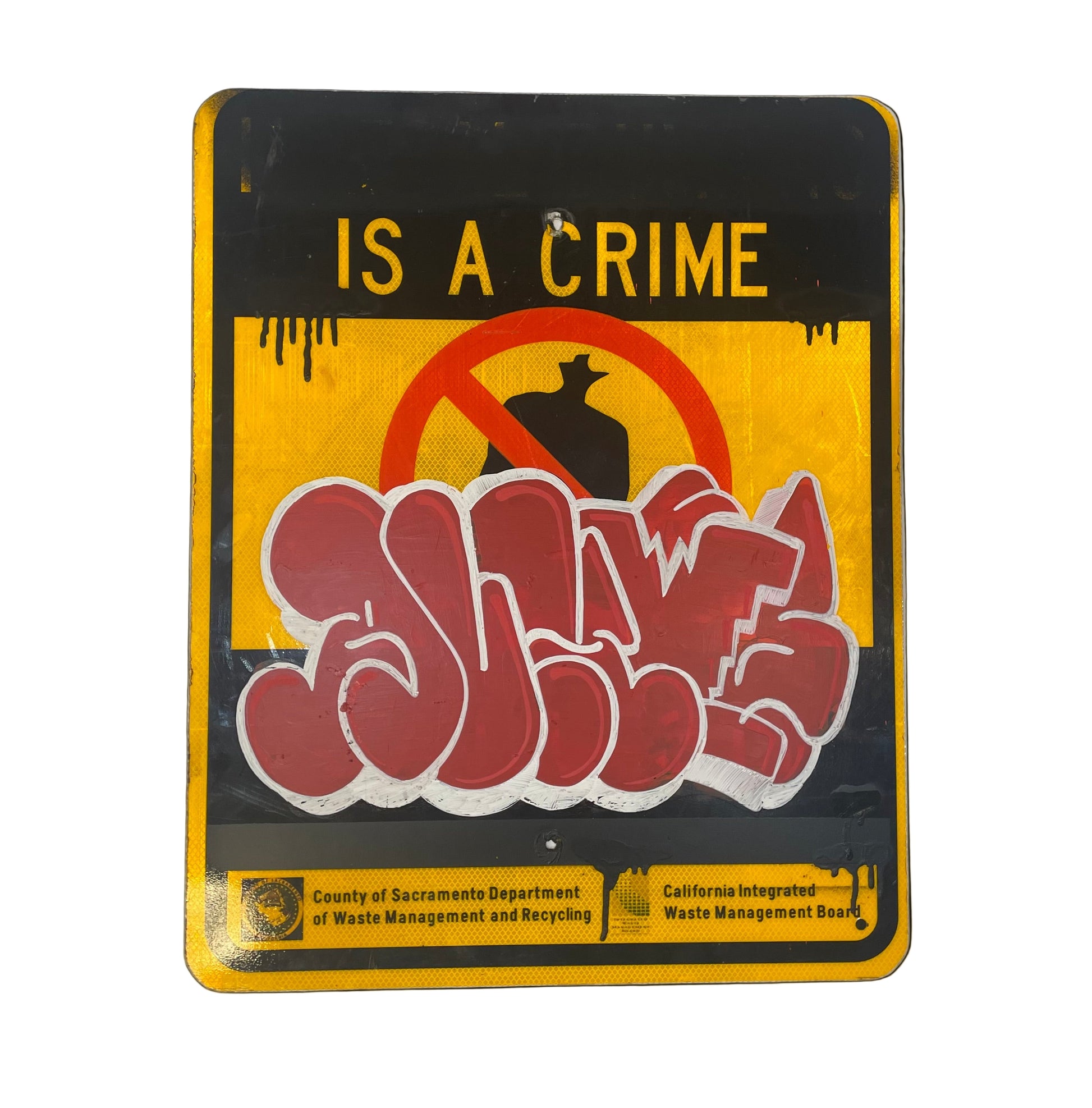 Vintage-style sign with text and graphics on a white background