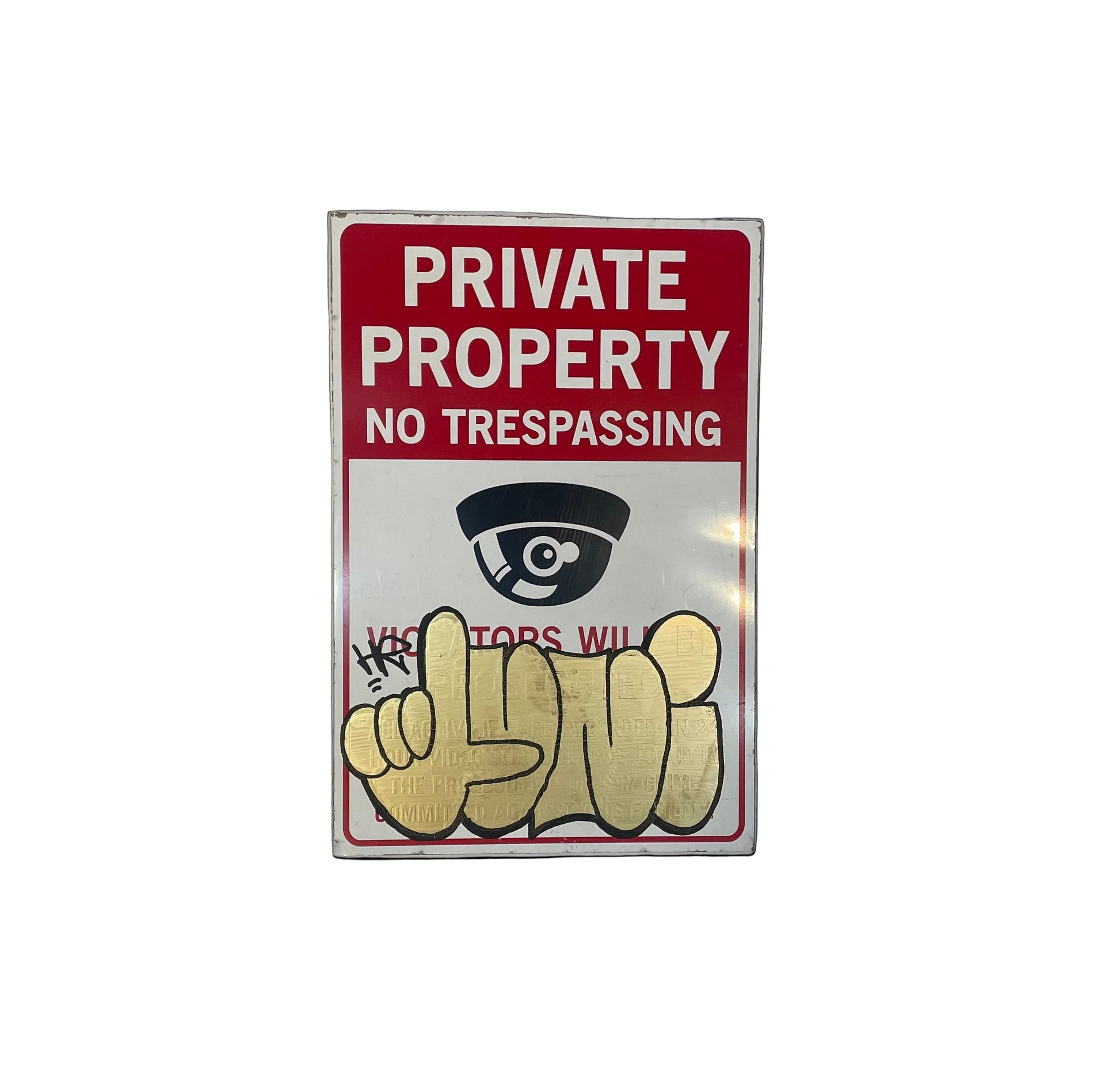 Private property sign with a hand gesture and surveillance camera symbol on a white background