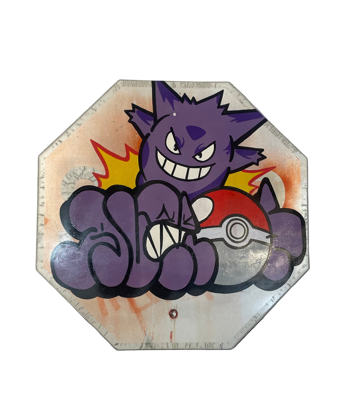 Hexagonal sign with a cartoon character holding a Poké Ball on a white background