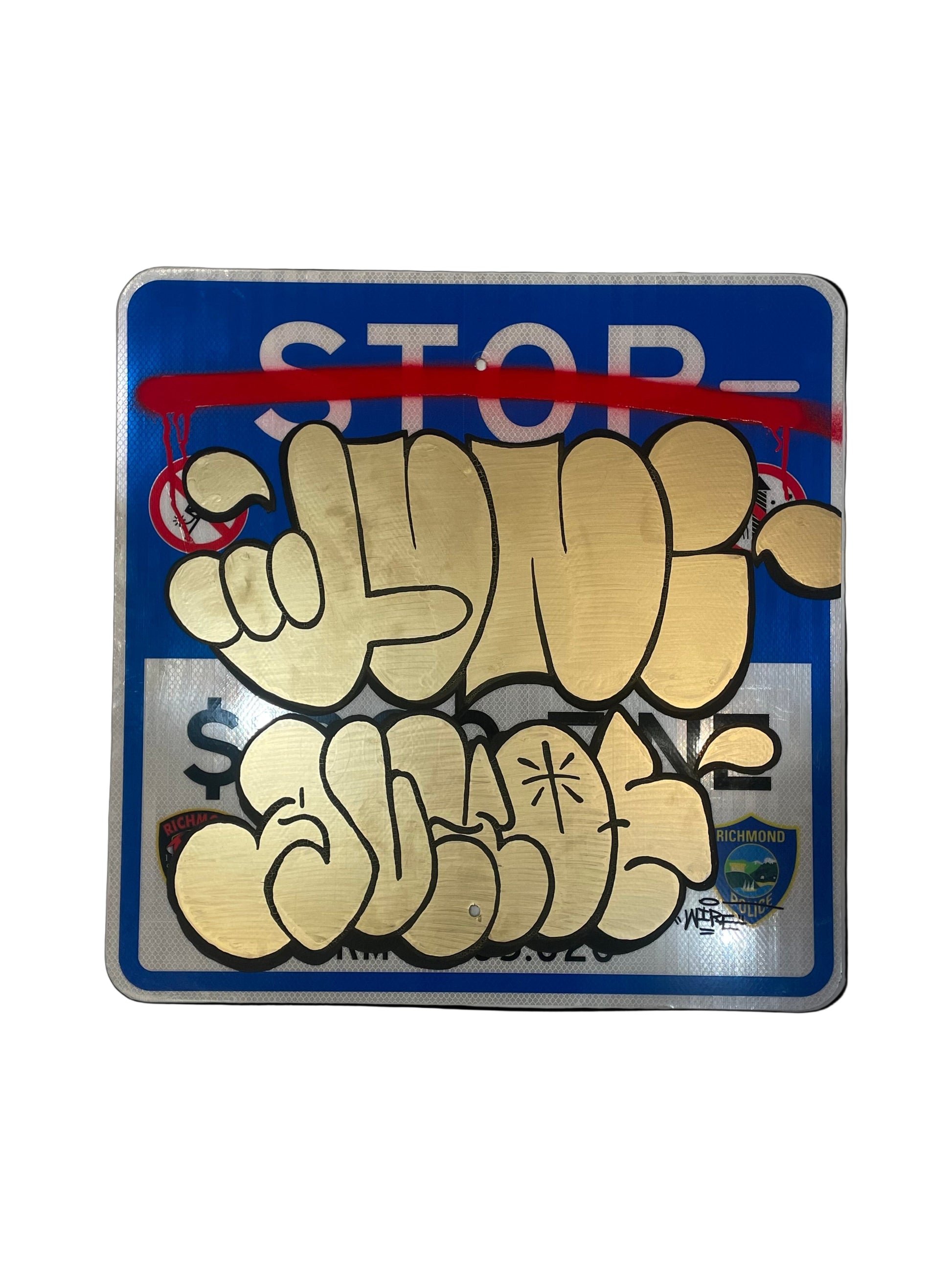 Decorative sign with graffiti-style text on a blue background