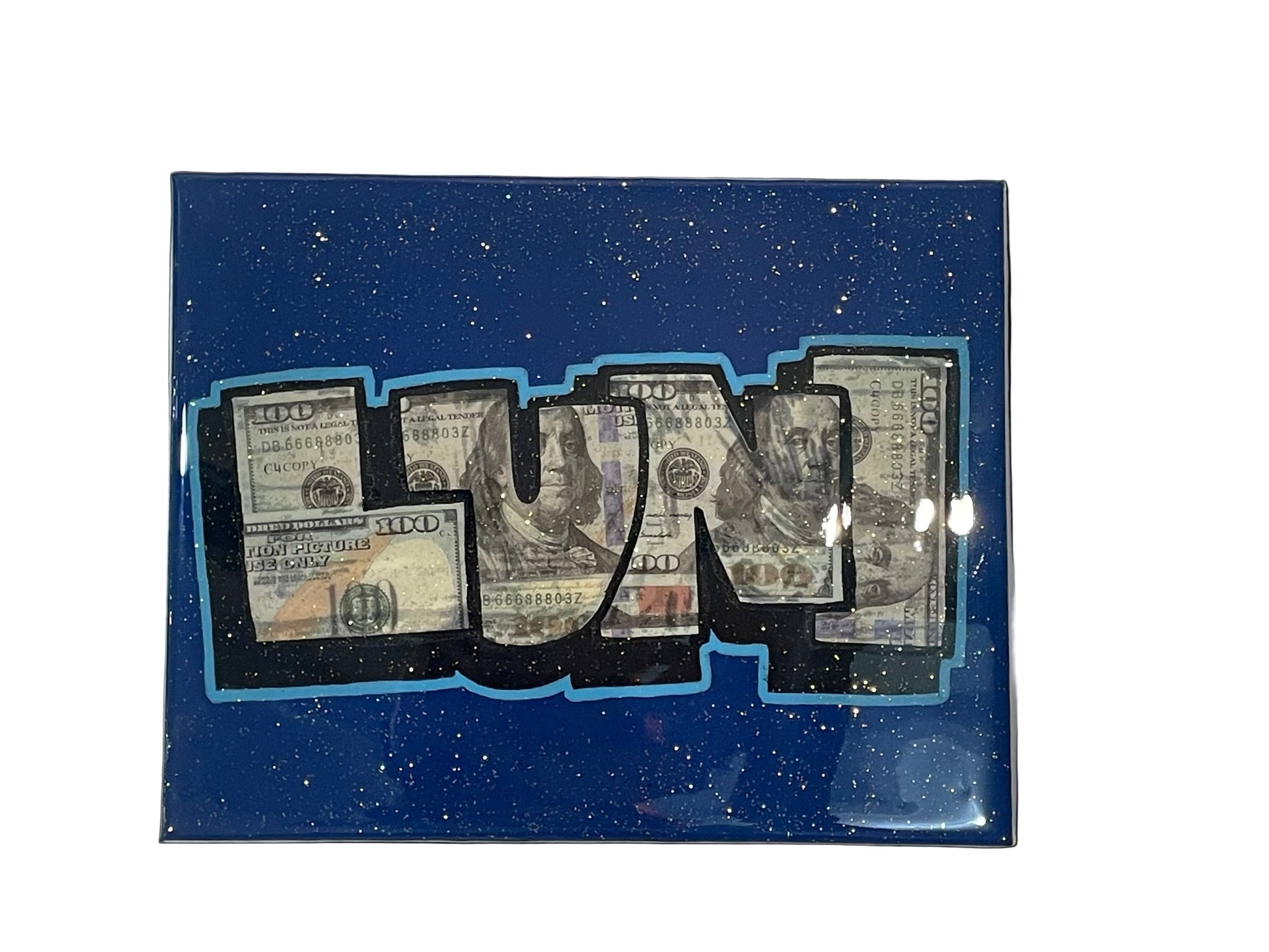 Card with dollar bill-themed text on a blue background