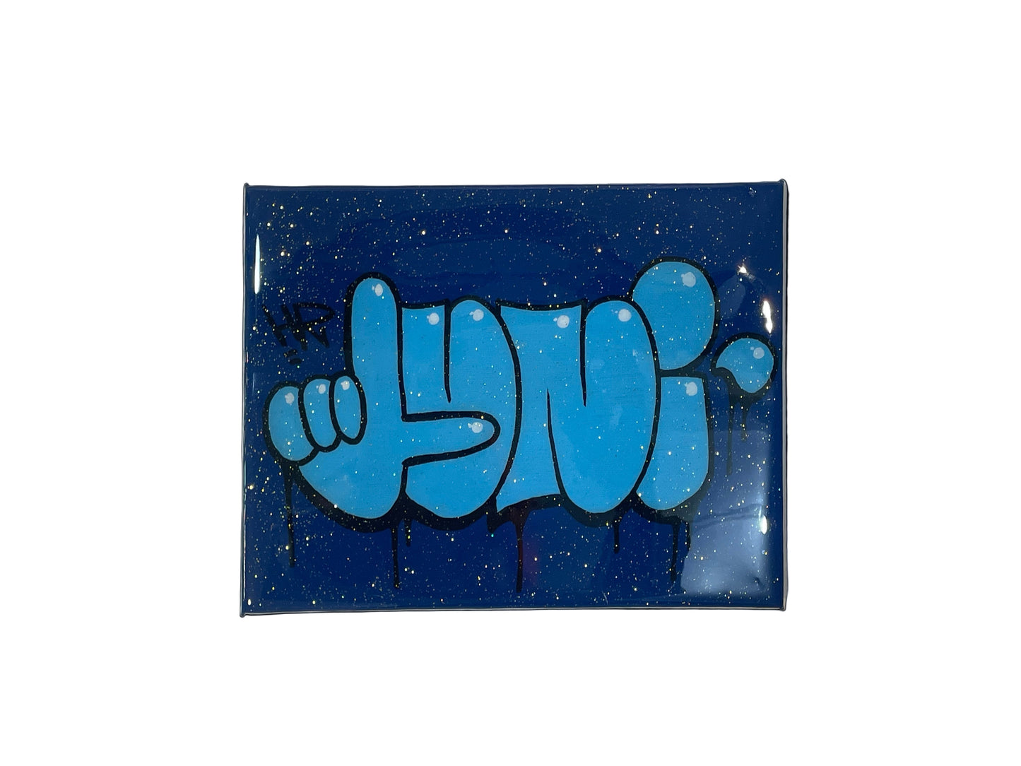 Blue graffiti-style text on a blue background with white speckles