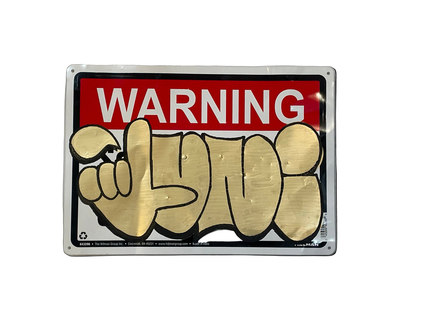 Warning sign with gold text on a red background