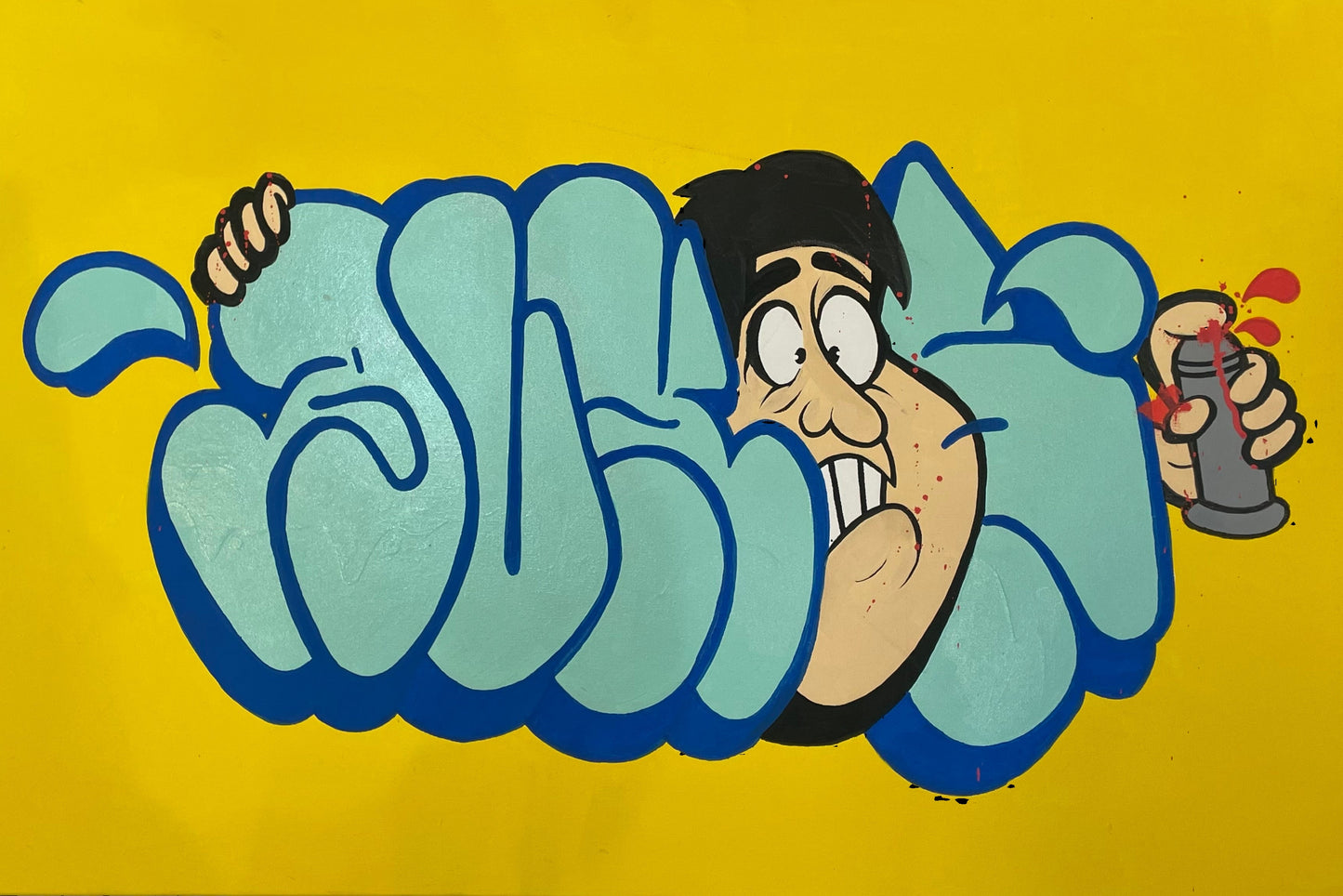 Cartoon character with a large bubble on a yellow background