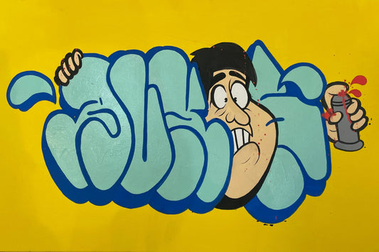 Cartoon character with a large bubble on a yellow background